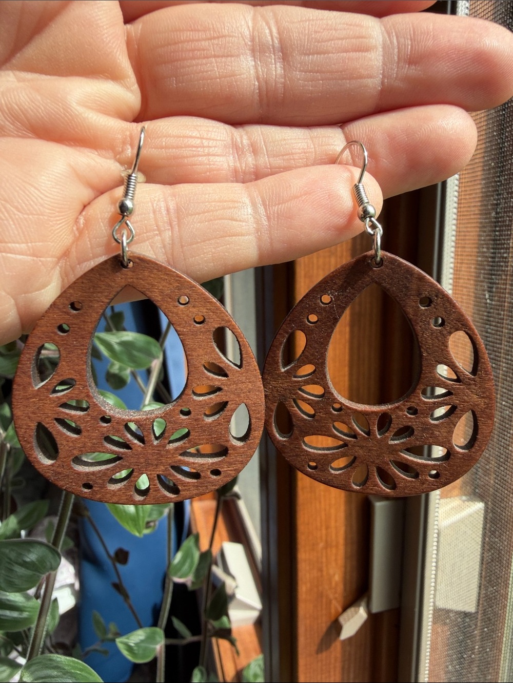 Handcrafted Brown Wooden Filigree Teardrop Earrings